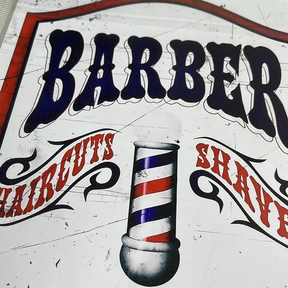 Vintage Vibe NWT Barber Shop Metal Tin Sign Haircuts Shaves Walk-ins Red Black - Picture 2 of 6